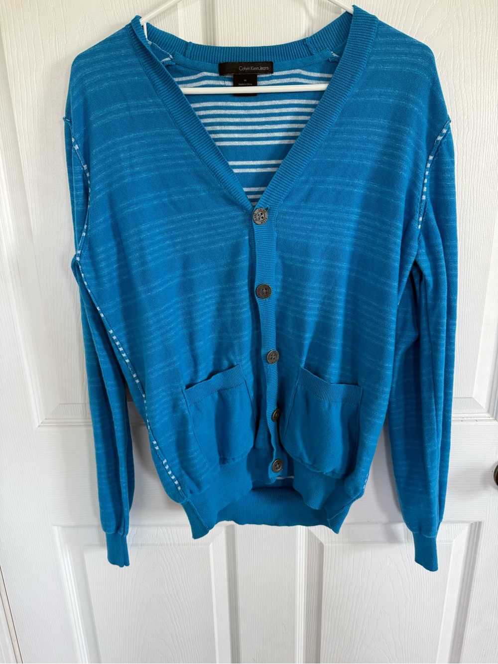 Y2K Calvin Klein Striped Cardigan M Blue Preppy Academia 100% Cotton Lightweight